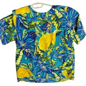 Vintage DAHAN Top Size M Blue Yellow 100% Silk Bold Tropical Floral ResortWear